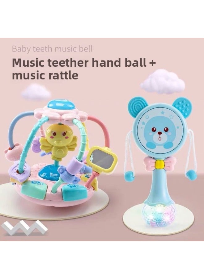 Chicken Sound And Light Music Soft Glue Hand-held Ball Baby Early Education Beaded Beaded Tooth Glue Rattle Baby Toy-Color:508 Powder (charging Version) + Rattle