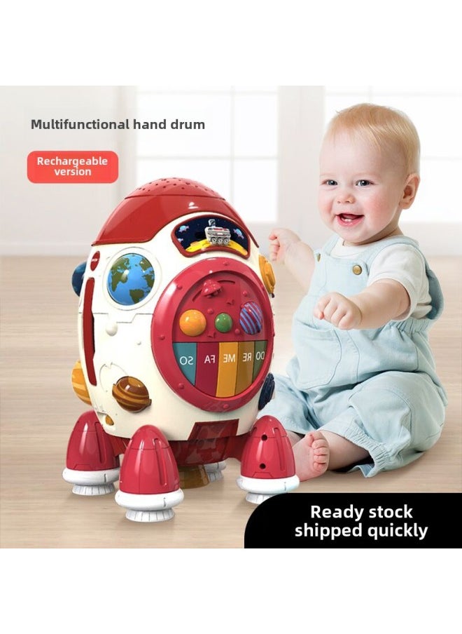 Children's Aviation Rocket Hand Drum Polyhedron Racket Drum Enlightenment Early Education Machine Baby Educational Gift Baby Toy-Color:Purple Rocket Hand Drum + Rechargeable Battery Screwdriver