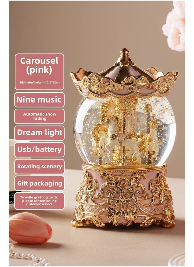 Ge Qiang Music Box Music Box Rotatable Crystal Ball Little Girl Girl Children Princess Girl Birthday Christmas-Colour:Ball Carousel (pink)—rotatable + With Music + Automatic Snow Falling