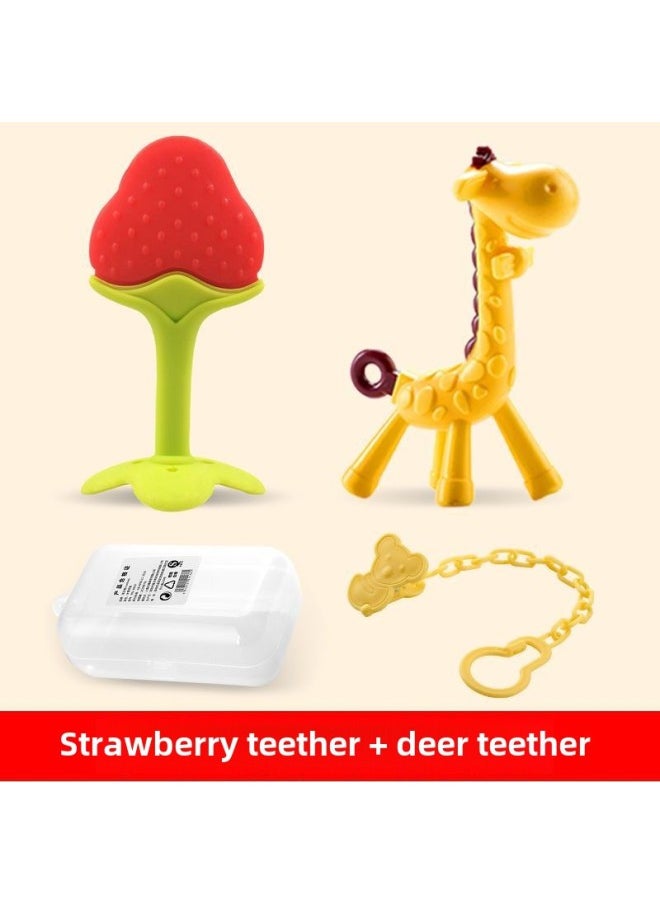 Baby Teether Teether Teether Stick Baby Bite Manhattan Hand Ball Toy Teether Silicone Boiled Deer-Color:Deer + Strawberry + Anti-drop Chain + Storage Box