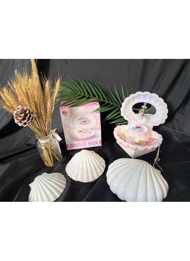Creative Shell Music Box Dancing Girl Children's Mirror Jewelry Box Birthday Gift Handmade Store Unique Music Toy-Color:Shell White Without Lights