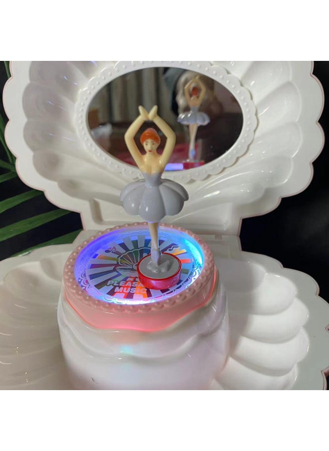 Creative Shell Music Box Dancing Girl Children's Mirror Jewelry Box Birthday Gift Handmade Store Unique Music Toy-Color:Shell White Without Lights