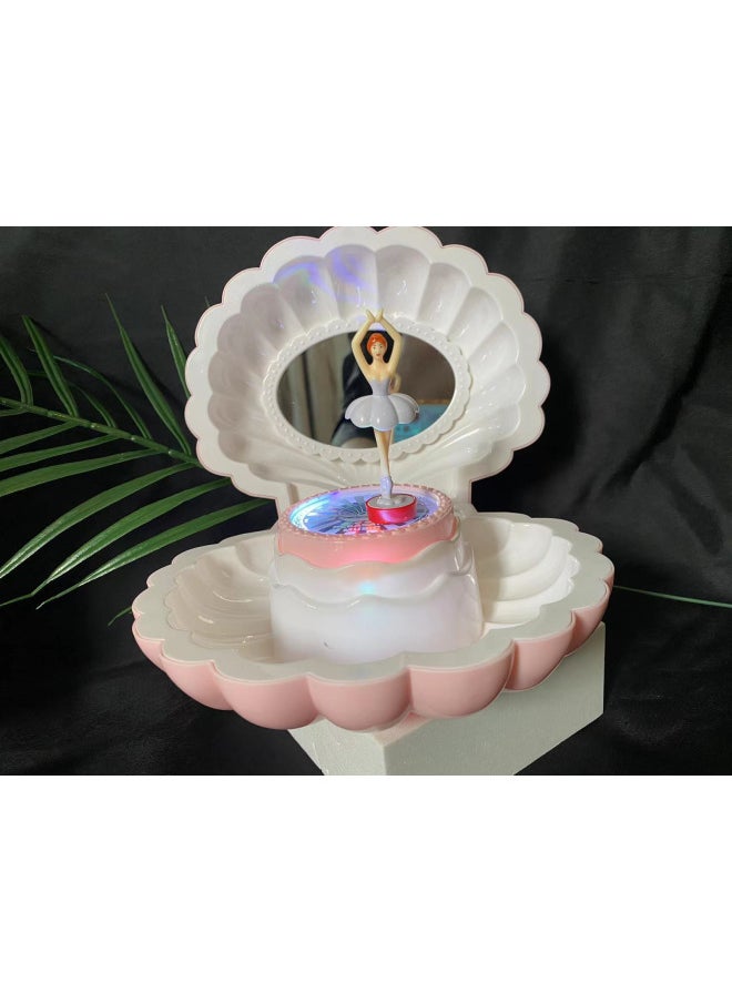 Creative Shell Music Box Dancing Girl Children's Mirror Jewelry Box Birthday Gift Handmade Store Unique Music Toy-Color:Shell White Without Lights