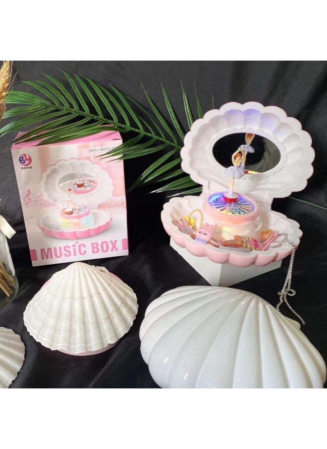 Creative Shell Music Box Dancing Girl Children's Mirror Jewelry Box Birthday Gift Handmade Store Unique Music Toy-Color:Shell White Without Lights