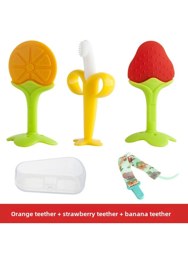 Bite Baby Teether Stick Teether Toy Giraffe Manhattan Hand Ball Baby Music Fruit And Vegetable Silicone 6 Months-Color:Banana + Strawberry + Orange + Anti-drop Chain + Storage Box