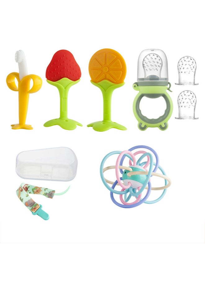 Bite Baby Teether Stick Teether Toy Giraffe Manhattan Hand Ball Baby Music Fruit And Vegetable Silicone 6 Months-Color:Banana + Strawberry + Orange + Anti-drop Chain + Storage Box