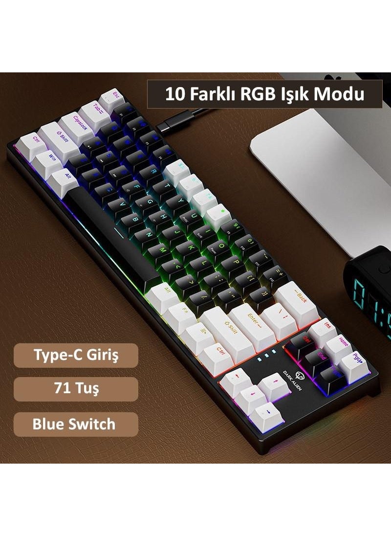 Blue Switch Dark Alien K710 71 Keys RGB Gaming Keyboard - Mechanical Blue Key Type-C - 2 Level Height WhiteBlack