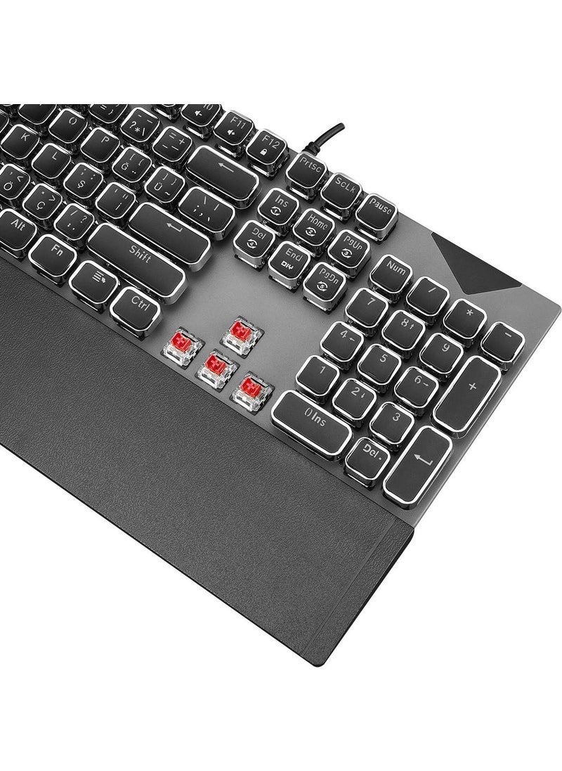 Kb-Mk9 Silver USB Wrist Support Typewriter Keys Mechanical Q Red Switch Gaming Keyboard