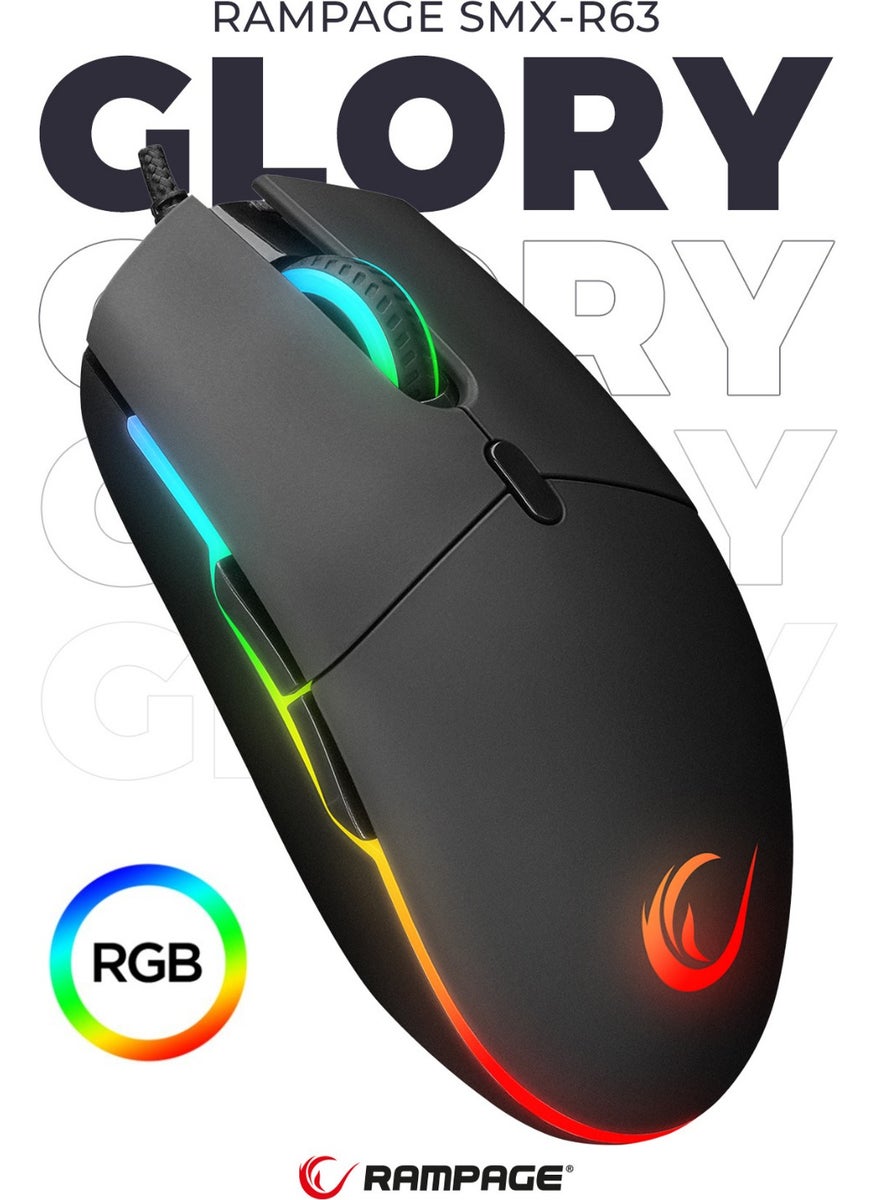 Smx-r63 Glory Braided Wired USB RGB Mouse 6400dpi RGB LED Lighted Macro Gaming Mouse