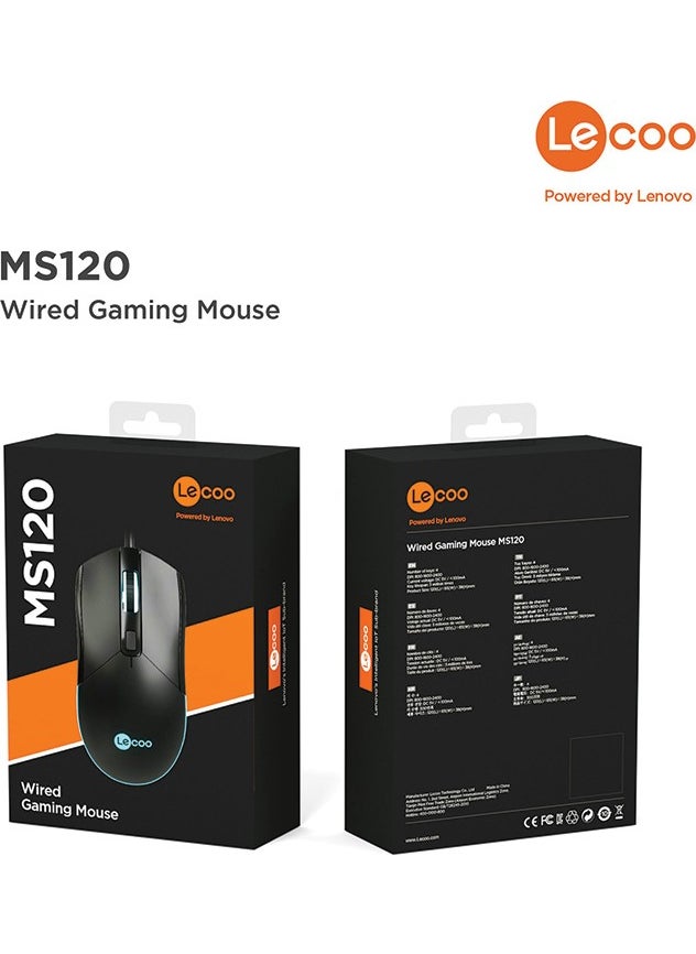 Lenovo MS120 RGB LED Backlit USB Wired 2400DPI 4-Button 114.6g Optical Gaming Mouse Black