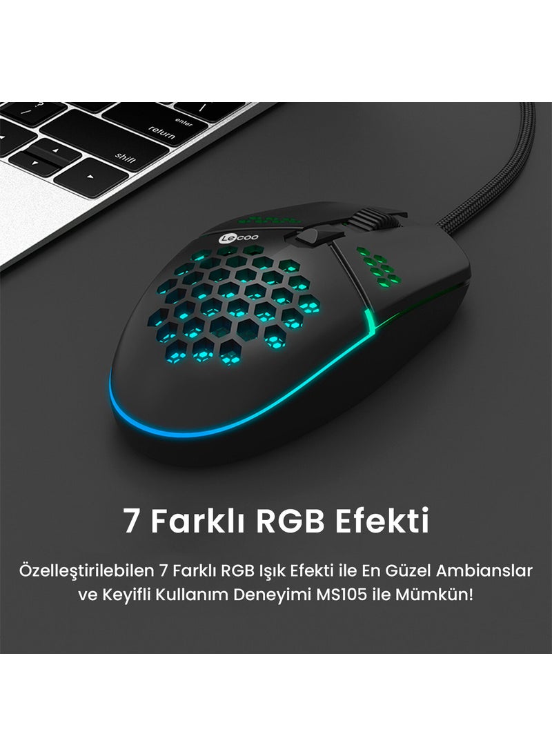 Lenovo MS105 Wired RGB LED Illuminated 3200DPI 6-Button Gaming Mouse Black