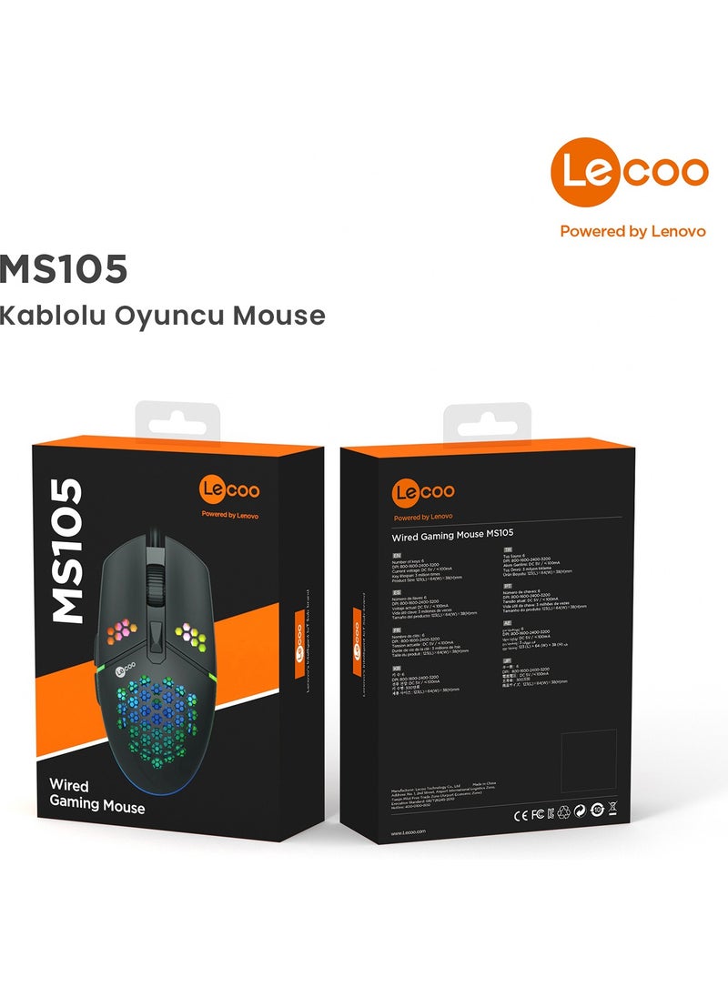 Lenovo MS105 Wired RGB LED Illuminated 3200DPI 6-Button Gaming Mouse Black