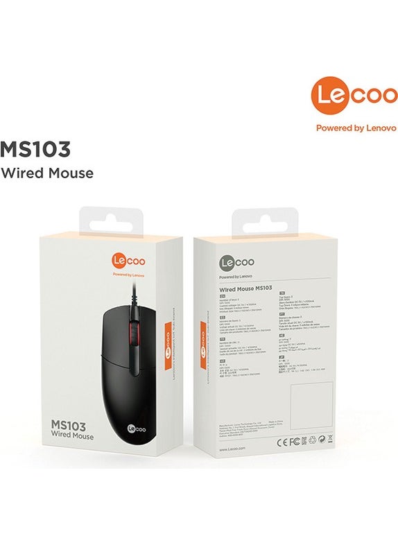 Lenovo MS103 USB Wired 1000DPI Optical Mouse with Buttons Black