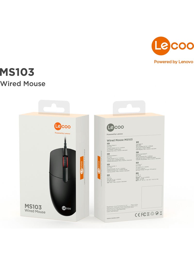 Lenovo MS103 USB Wired 1000DPI Optical Mouse with Buttons Black