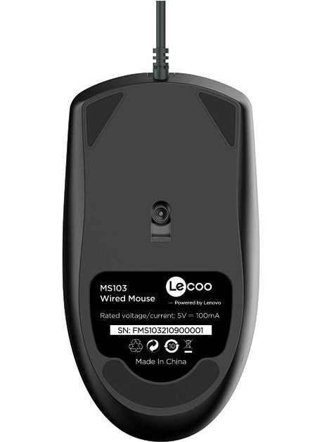 Lenovo MS103 USB Wired 1000DPI Optical Mouse with Buttons Black