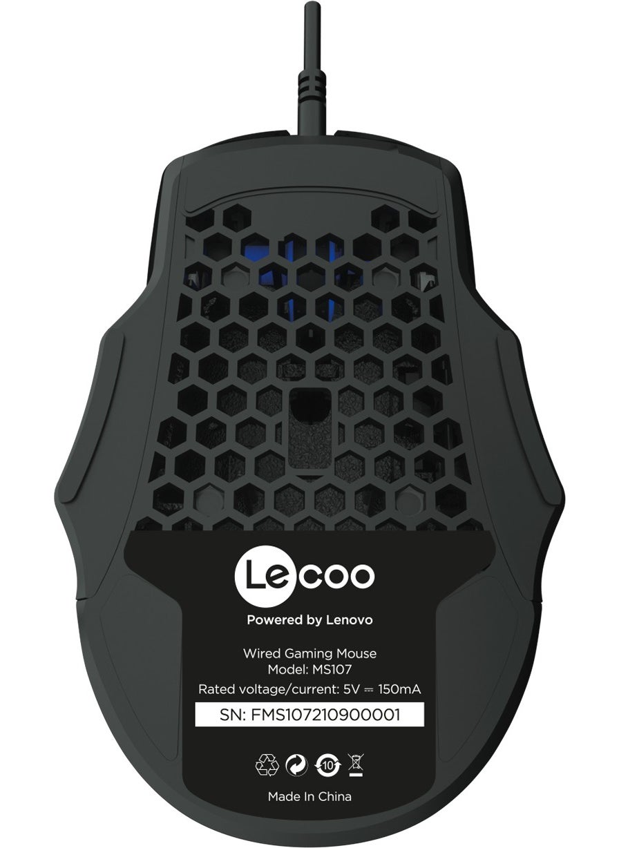 Lenovo MS107 Wired RGB LED Illuminated 3200DPI 7-Button Gaming Mouse Black