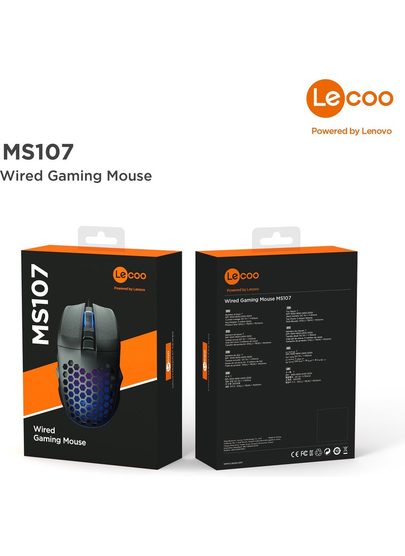 Lenovo MS107 Wired RGB LED Illuminated 3200DPI 7-Button Gaming Mouse Black