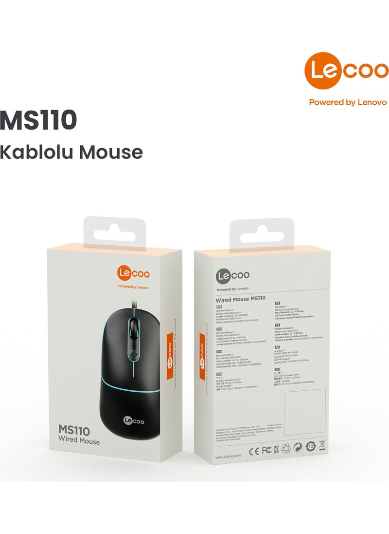 Lenovo MS110 USB Wired RGB 2400DPI 4-Button Silent Click Optical Mouse Black