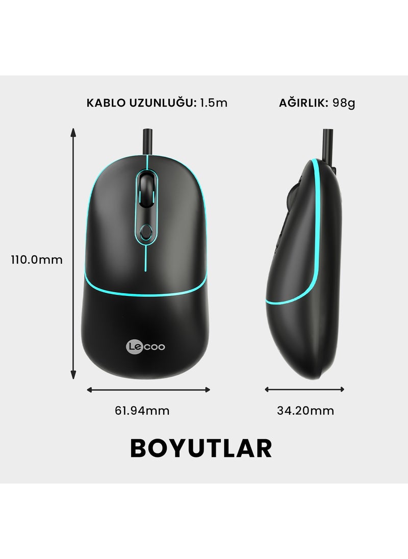 Lenovo MS110 USB Wired RGB 2400DPI 4-Button Silent Click Optical Mouse Black