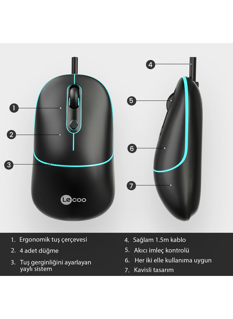 Lenovo MS110 USB Wired RGB 2400DPI 4-Button Silent Click Optical Mouse Black