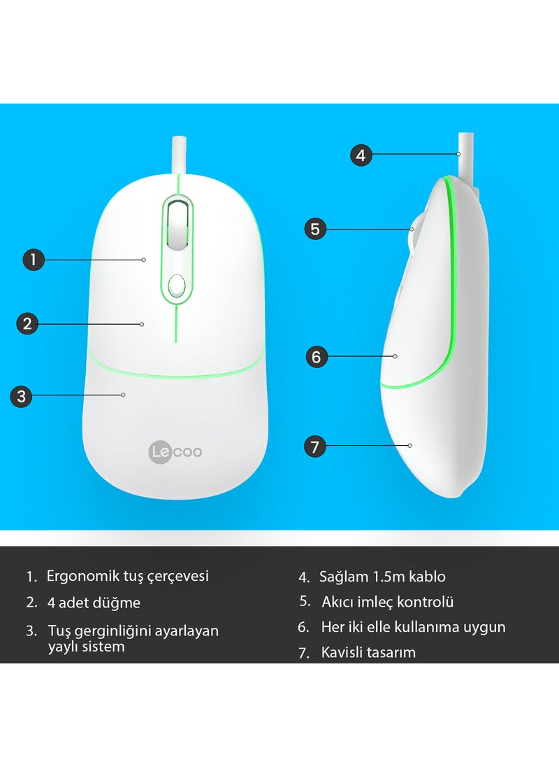 Lenovo MS110 USB Wired RGB 2400DPI 4-Button Silent Click Optical Mouse White