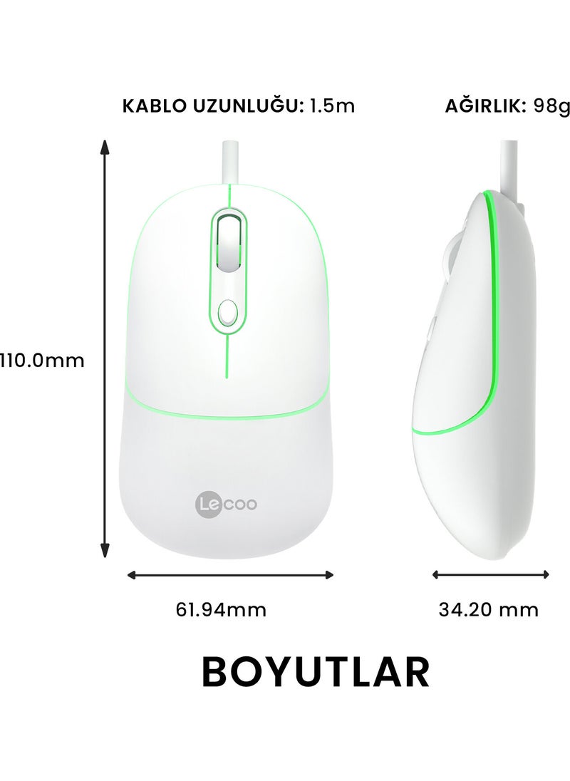 Lenovo MS110 USB Wired RGB 2400DPI 4-Button Silent Click Optical Mouse White