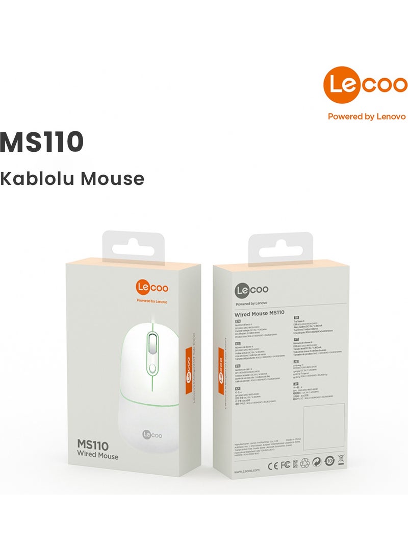 Lenovo MS110 USB Wired RGB 2400DPI 4-Button Silent Click Optical Mouse White