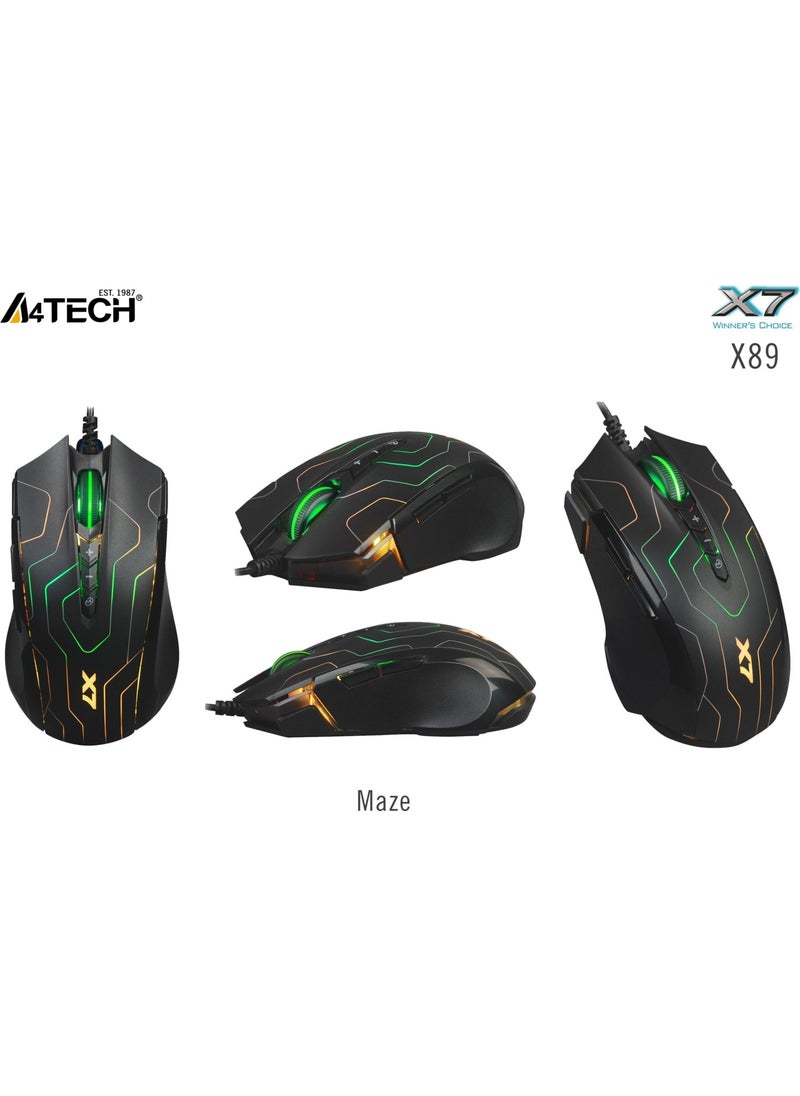 A4 Tech X89 Oscar X7 Neon Maze 2400DPI USB Macro Gaming Mouse