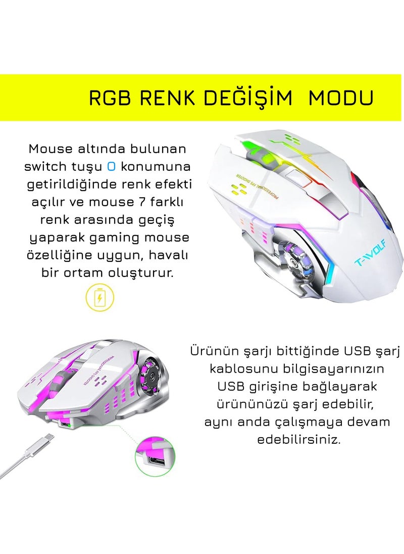 TW-Q13 Wireless Silent RGB LED Light Rechargeable Ergonomic 2400DPI Gaming Mouse White