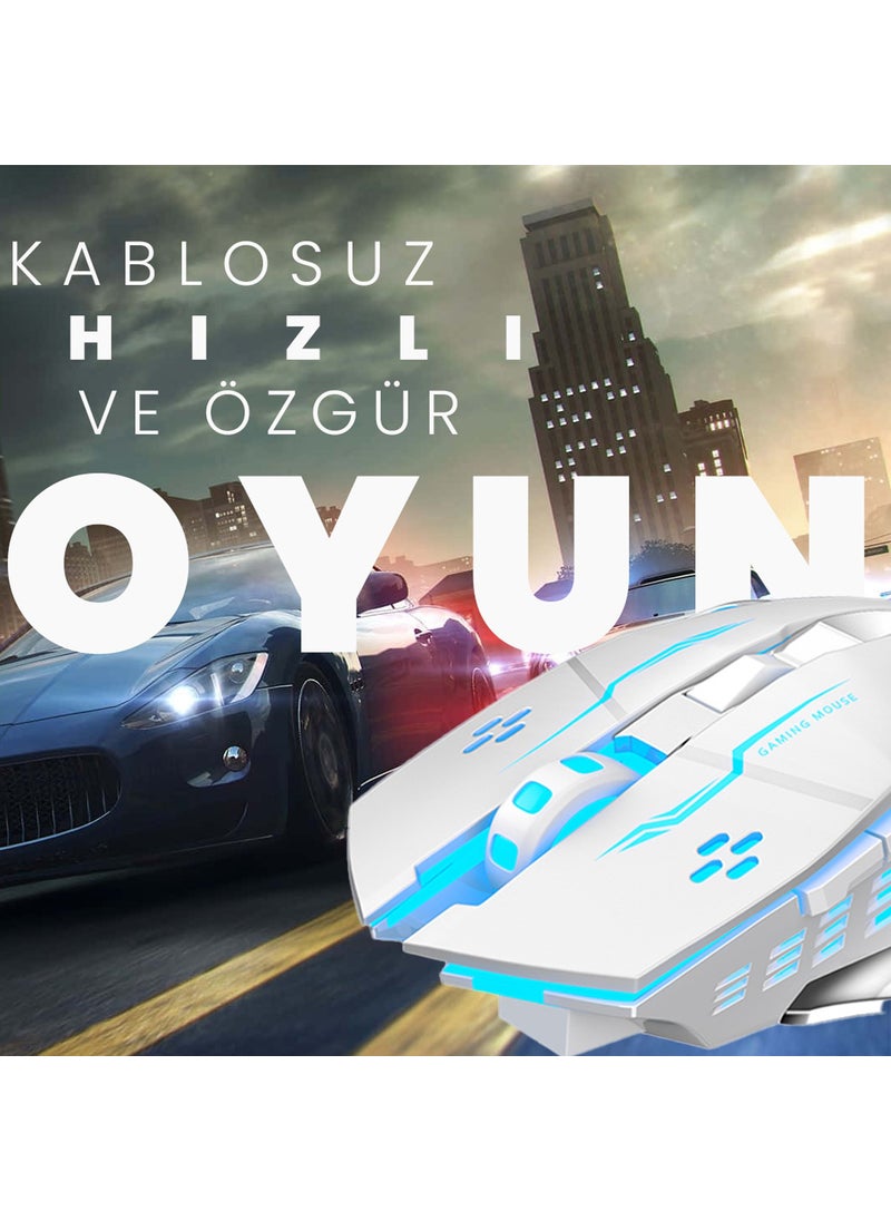 TW-Q13 Wireless Silent RGB LED Light Rechargeable Ergonomic 2400DPI Gaming Mouse White