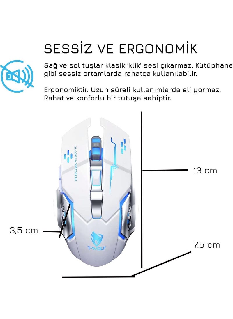 TW-Q13 Wireless Silent RGB LED Light Rechargeable Ergonomic 2400DPI Gaming Mouse White