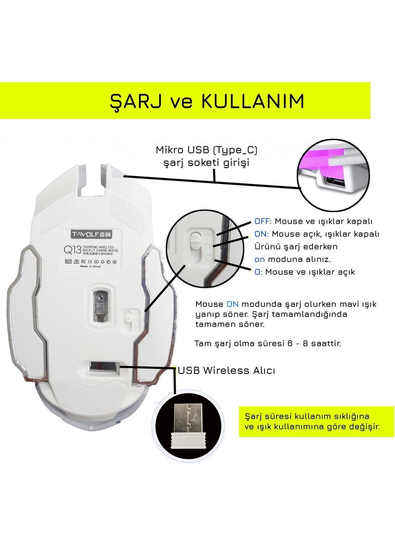 TW-Q13 Wireless Silent RGB LED Light Rechargeable Ergonomic 2400DPI Gaming Mouse White