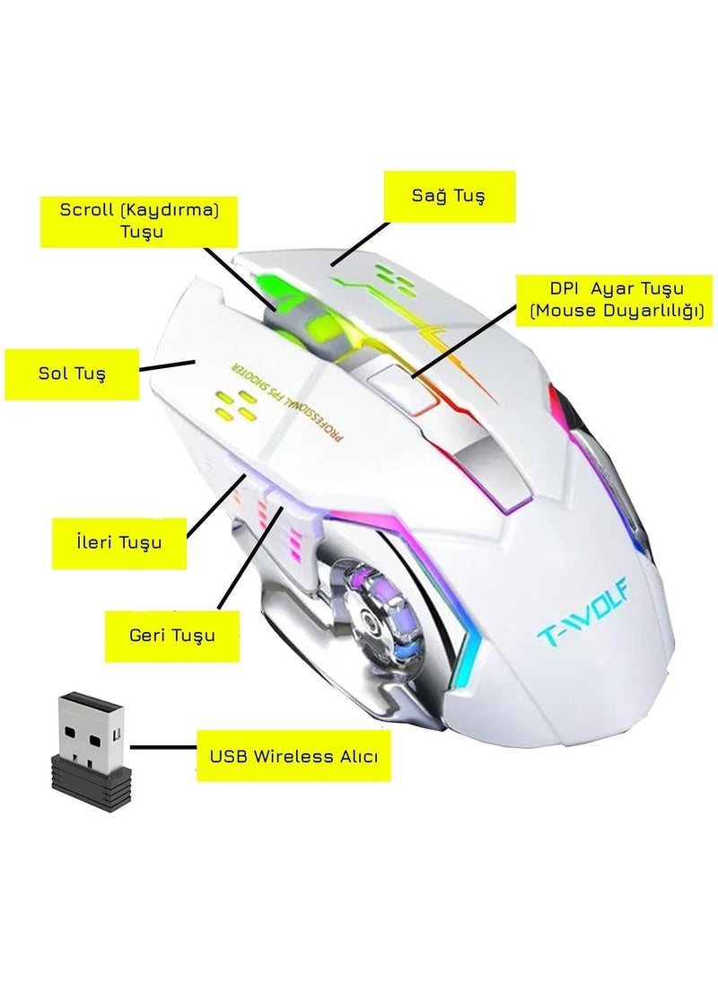 TW-Q13 Wireless Silent RGB LED Light Rechargeable Ergonomic 2400DPI Gaming Mouse White