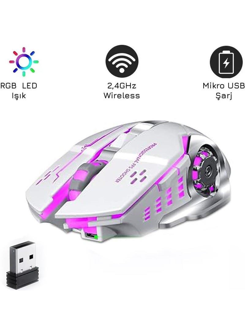 TW-Q13 Wireless Silent RGB LED Light Rechargeable Ergonomic 2400DPI Gaming Mouse White