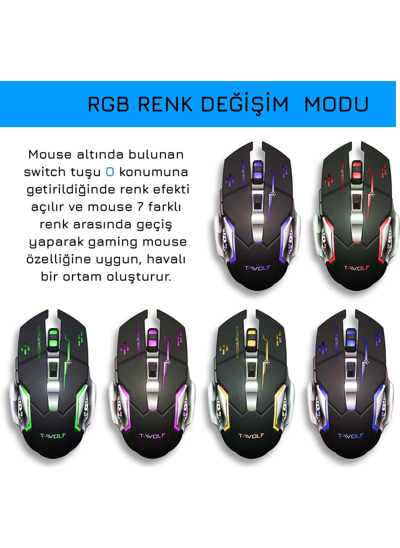 TW-Q13 Wireless Silent RGB LED Light Rechargeable Ergonomic 2400DPI Gaming Mouse Black