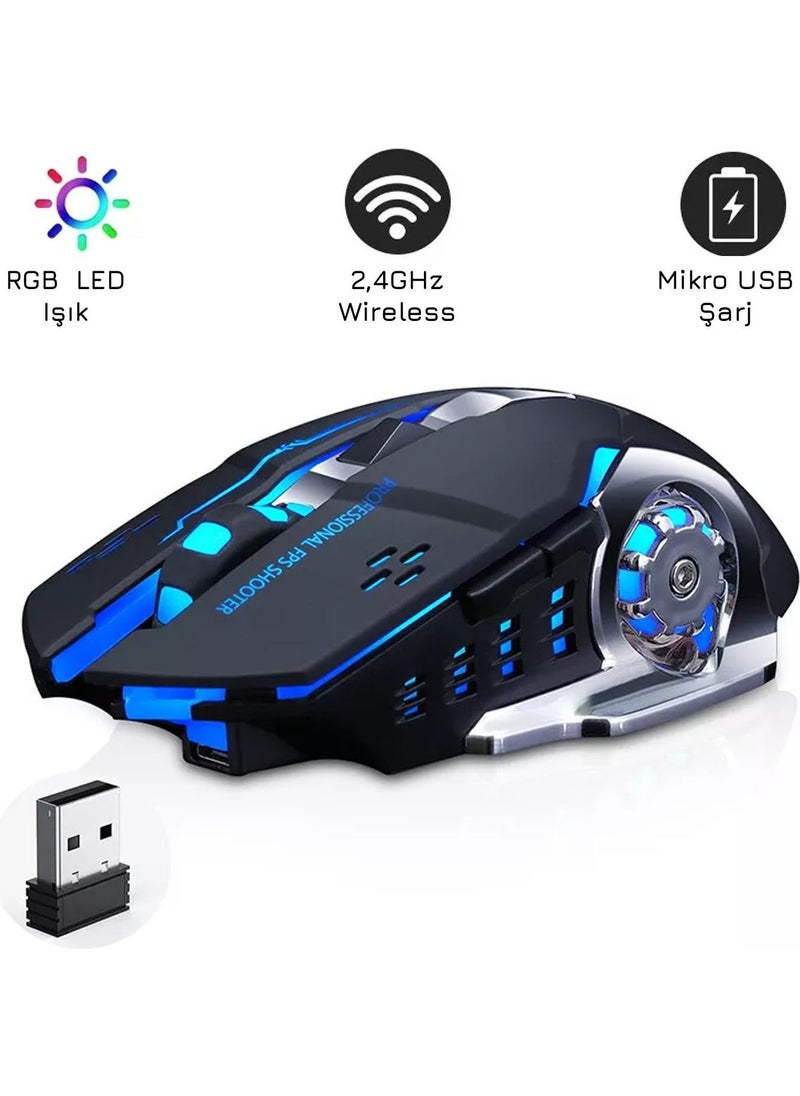 TW-Q13 Wireless Silent RGB LED Light Rechargeable Ergonomic 2400DPI Gaming Mouse Black