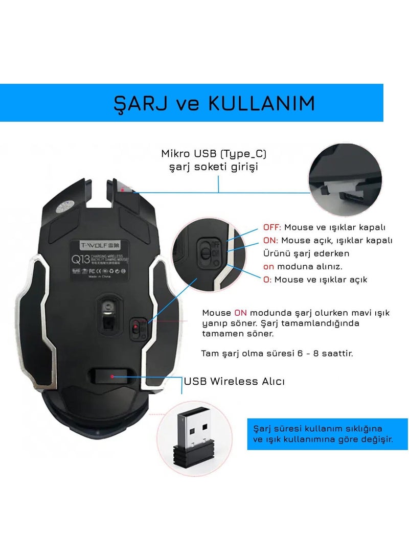 TW-Q13 Wireless Silent RGB LED Light Rechargeable Ergonomic 2400DPI Gaming Mouse Black