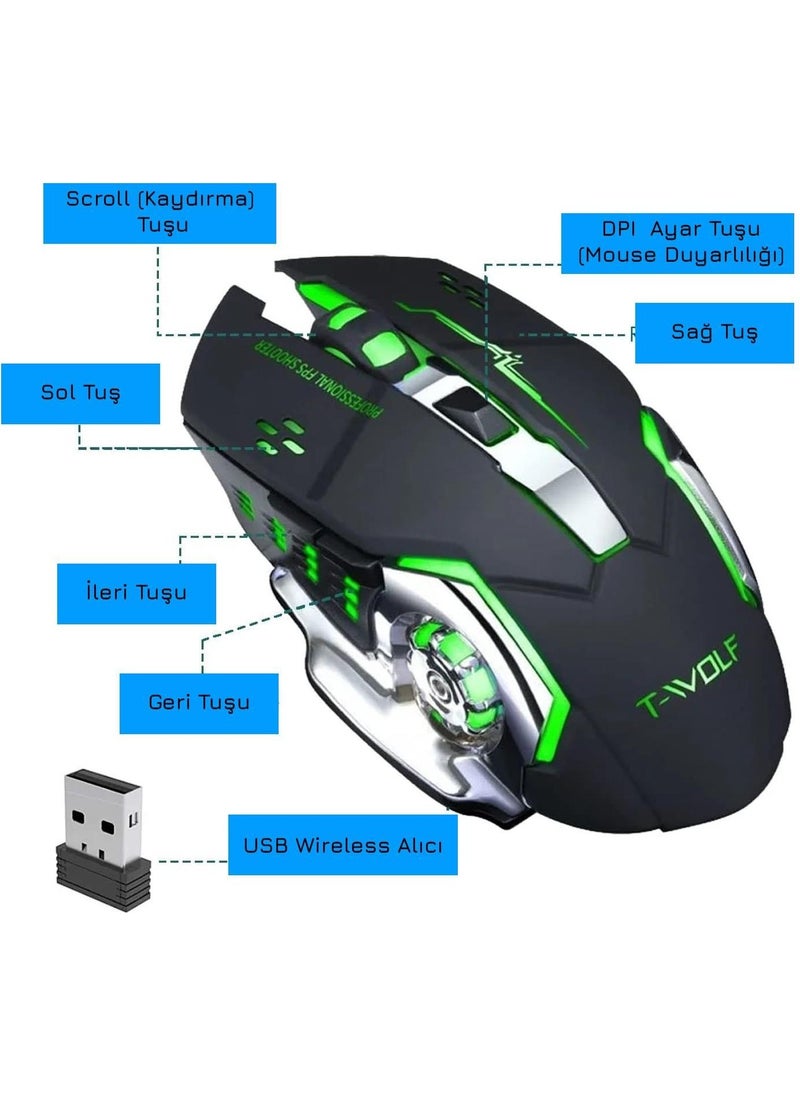 TW-Q13 Wireless Silent RGB LED Light Rechargeable Ergonomic 2400DPI Gaming Mouse Black