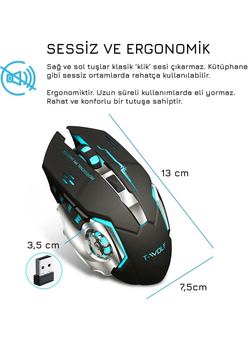 TW-Q13 Wireless Silent RGB LED Light Rechargeable Ergonomic 2400DPI Gaming Mouse Black