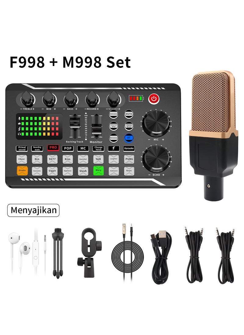Cross-border English version F998 live broadcast sound card equipment mobile phone computer universal condenser microphone bracket full set F998 sound card + vibration membrane microphone set