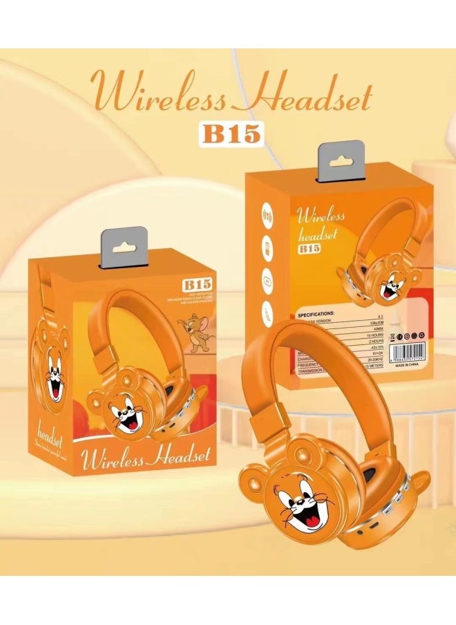 Creative Design Children Cartoon Students Online Class Learning Headset Bluetooth Headset B15-Color:Orange Red