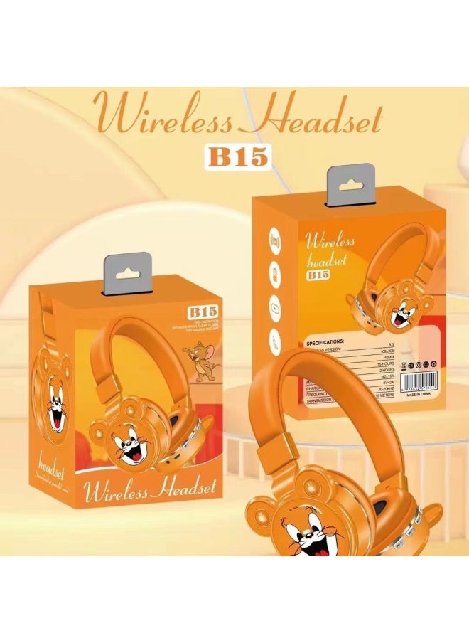 Creative Design Children Cartoon Students Online Class Learning Headset Bluetooth Headset B15-Color:Orange Red