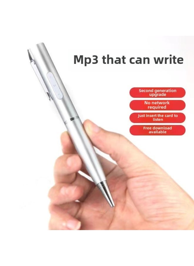 2023 Second Generation Pen-shaped Design Card MP3 Player Listening Practice Music Pen Mp3 MP3-Body Color:Silver-Memory Capacity:Full Set With Card]