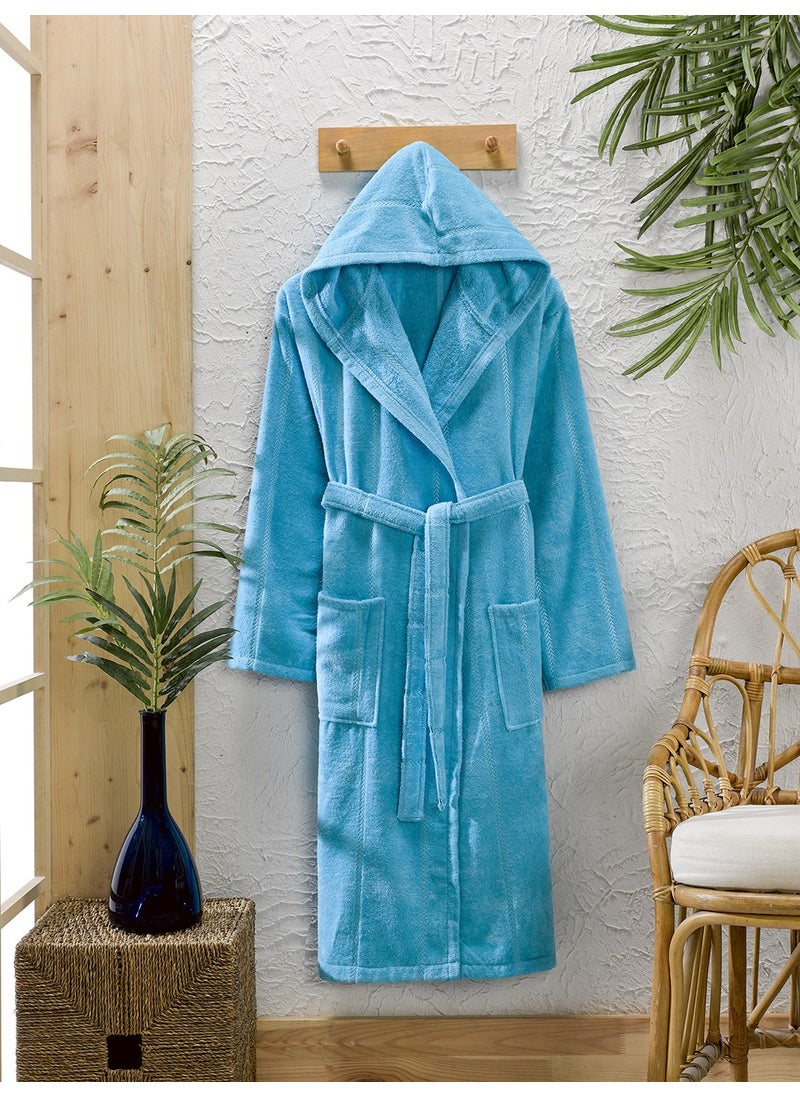 Cotton Velvet Hooded Unisex Turquoise Bathrobe-Lara Turquoise Hooded Bathrobe