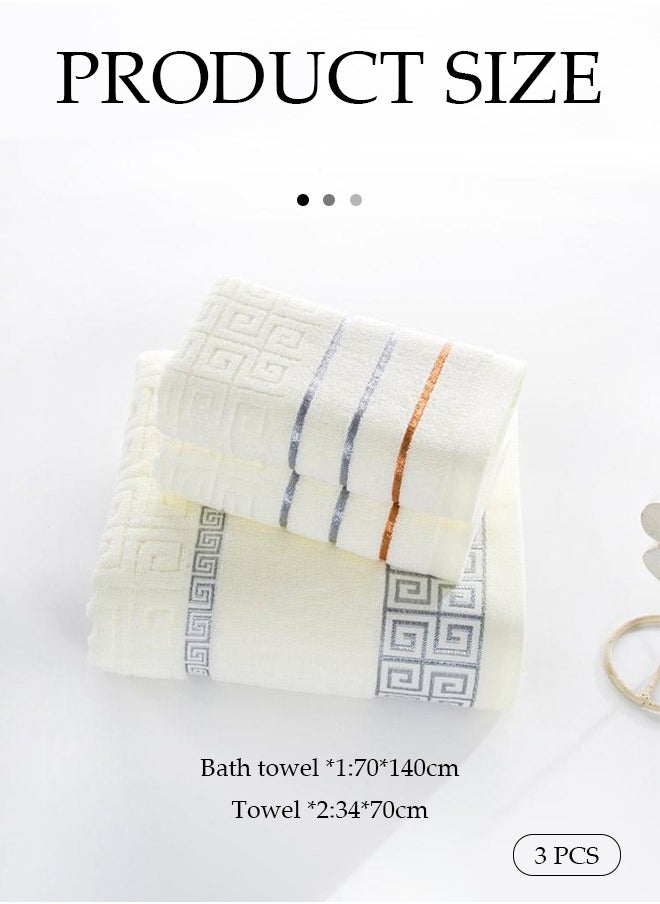 3 Pieces of Towel set, 100% pure cotton absorbent jacquard face towel, with two towels and one bath towel, suitable for hydrotherapy, yoga, fitness, bathroom