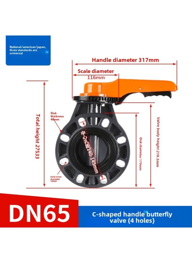 UPVC Butterfly Valve Handle Manual Turbine Butterfly Clamp PN16 Kg GB American Standard Japanese Standard EPDM Fluororubber DN300-Color:Handle Butterfly Valve Dn65 (2-1/2'') (65a) + Epdm Seal