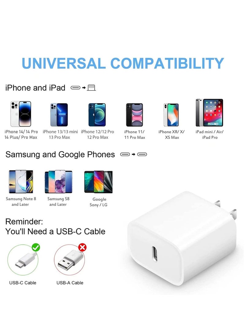 iPhone Fast Charger Block 【2 Pack】 20W USB C Wall Charger PD Adapter Compatible with iPhone 14//14 Pro/14 Pro Max/14 Plus/13/12/11/Xs Max/XR/X/SE, iPad Pro/Mini, Galaxy, Google Pixel 5/4/3 and More