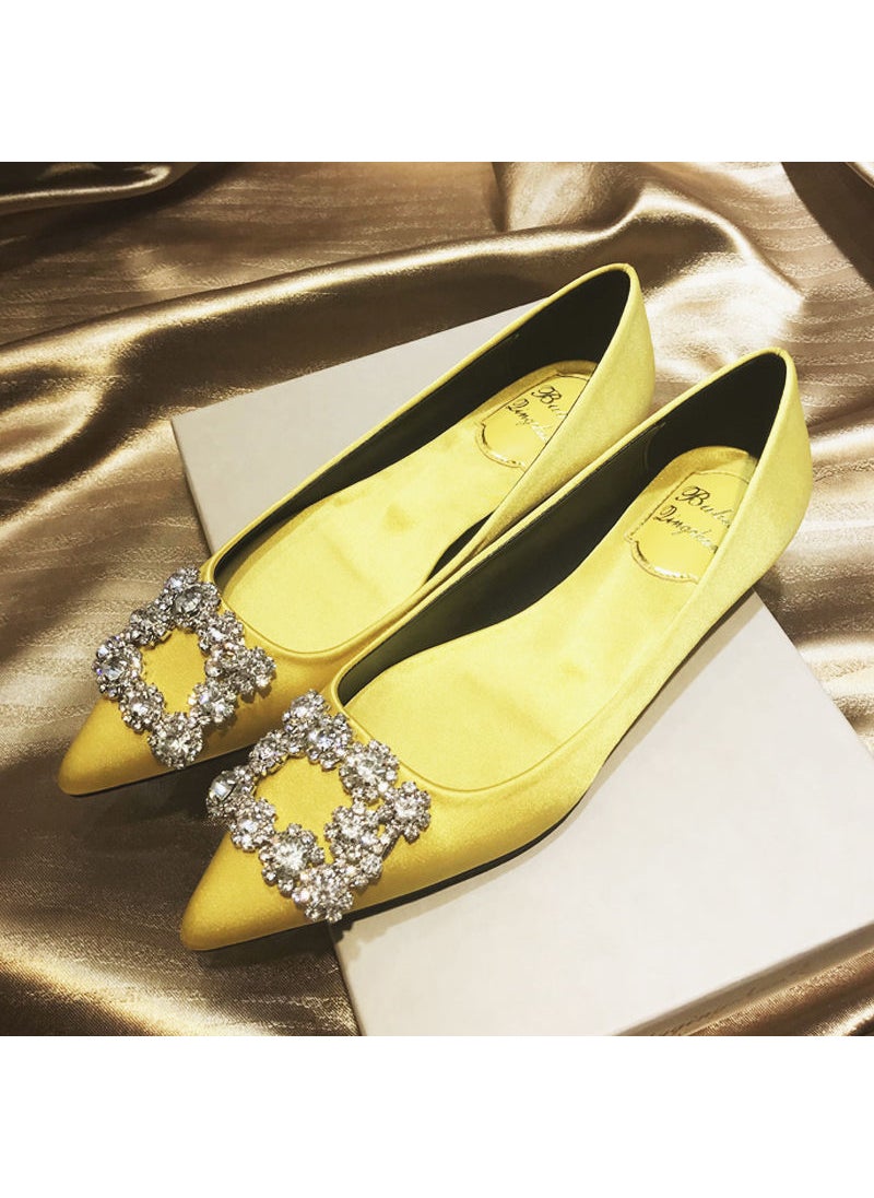 2024 New Rhinestone Satin Flats Yellow Yellow