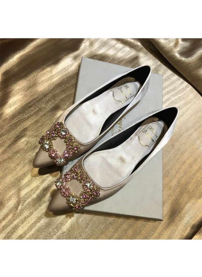 2024 New Rhinestone Satin Flats Yellow Champagne