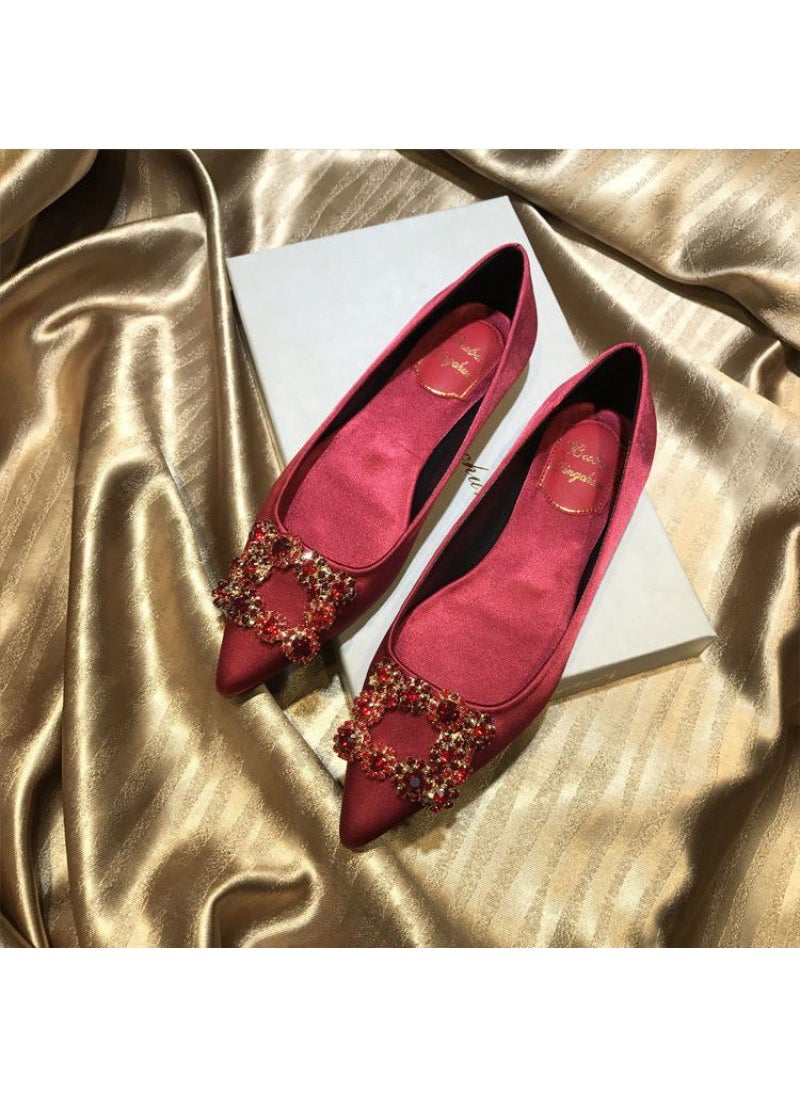 2024 New Rhinestone Satin Flats Yellow Wine red